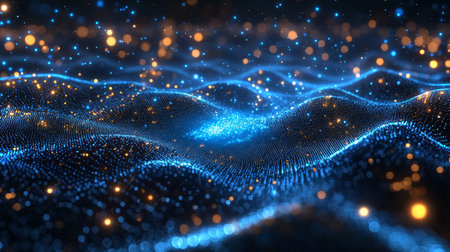 Understanding quantum phenomena with visual representation of qubits, superposition, and entanglement in a digital landscape of energy. Generative AIの素材