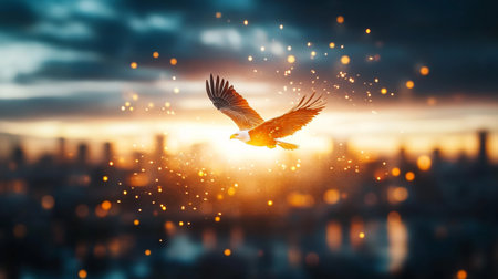 Eagle soaring over a city skyline during sunset with sparkling particles in the air Generative AIの素材