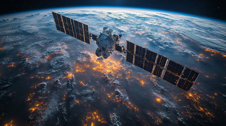 High-tech spacecraft orbits Earth, sending data about cosmic radiation and atmospheric conditions using advanced AI systems. Generative AIの素材