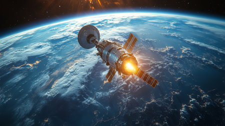 Advanced spacecraft in low Earth orbit transmitting telemetry data to ground stations for AI analysis and broadband coverage. Generative AIの素材