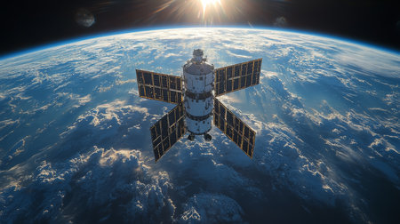 Satellite in low Earth orbit capturing cosmic radiation data on the edge of the atmosphere. Generative AIの素材