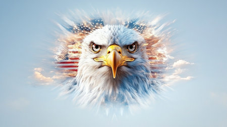 Eagle representing American spirit with clouds and flag in the background. Generative AIの素材
