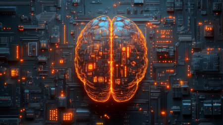 Exploring the intersection of quantum computing and artificial intelligence in a futuristic brain model. Generative AIの素材
