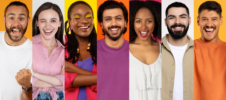 Diverse group of cheerful people enjoying a fun lifestyle collage activityの写真素材