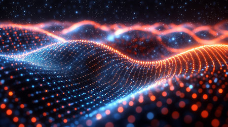Patterns of light and color form dynamic waves representing quantum phenomenaの素材