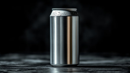 Cold, unbranded aluminum can with condensation placed on a dark and textured surface creating a minimalistic atmosphere. Generative AIの素材