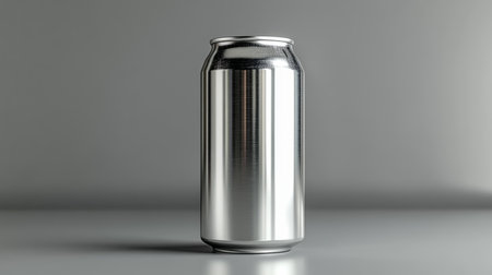 Sleek aluminum can stands upright against a minimalist gray background showcasing its reflective surface and modern design. Generative AIの素材
