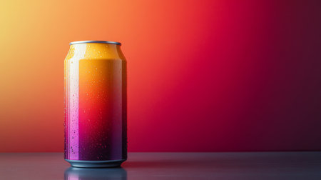 Colorful can of beverage on reflective surface against vibrant gradient background at dusk. Generative AIの素材