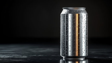 Shiny metal can of beverage with condensation on the surface placed on a dark reflective table in soft lighting. Generative AIの素材