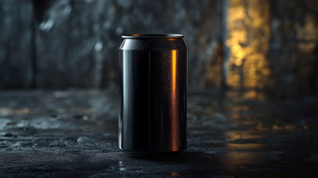 Black beverage can illuminated by contrasting light on a textured surface in a dimly lit environment. Generative AIの素材