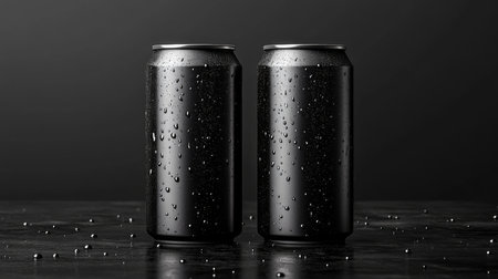 Black beverage cans with droplets on a dark background create a sleek and modern aesthetic in soft lighting. Generative AIの素材