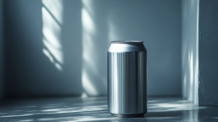 Reflective metallic can resting on a surface in a sunlit room with distinct shadows and texture details. Generative AIの素材