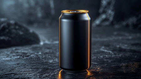 Black beverage can displaying sleek design, illuminated softly against a dark textured background. Generative AIの素材