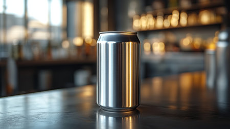 Shiny silver can placed on a bar counter reflecting soft light from the background in a modern setting. Generative AIの素材