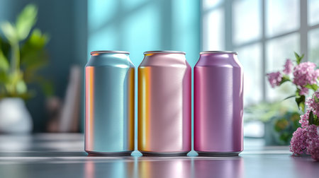 Colorful beverage cans on a table with soft natural light and floral decor in a bright indoor space. Generative AIの素材