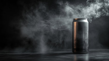 Metallic can releases steam in low light with dark background suggesting cold beverage experience. Generative AIの素材