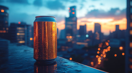 Reflective can placed on a ledge overlooking a city skyline during twilight with vibrant colors in the sky. Generative AIの素材