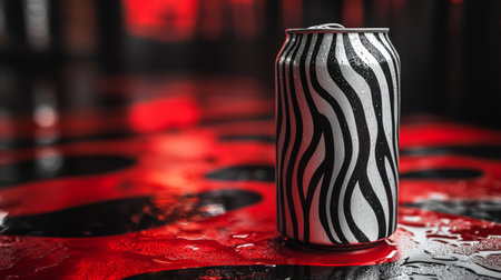 Unique striped beverage can displayed on a vibrant red surface with water droplets glistening under ambient light. Generative AIの素材