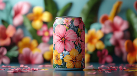 Colorful beverage can surrounded by tropical flowers in a vibrant setting showcasing natures beauty. Generative AIの素材