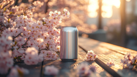 Sparkling beverage can rests on a wooden table surrounded by blooming cherry blossoms at sunset in a serene park. Generative AIの素材