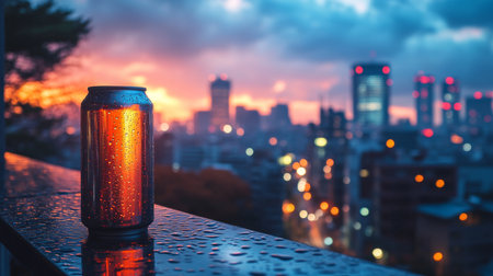 Sunset cityscape with a wet beer can placed on a railing reflecting the evening lights of the urban skyline. Generative AIの素材