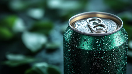 Cool green beverage can surrounded by droplets on a blurred leafy background during a refreshing summer afternoon. Generative AIの素材