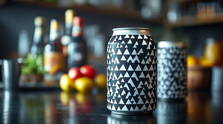 Modern beverage can design displayed on dark table with assorted colorful elements in backdrop. Generative AIの素材