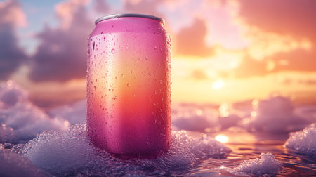Refreshing soda can with vibrant sunset backdrop illuminating beach foam at dusk. Generative AIの素材