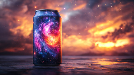 Colorful galaxy design on beverage can against a dramatic sunset backdrop with vibrant clouds and lighting effects. Generative AIの素材