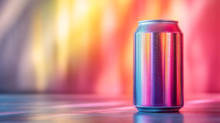 Colorful drink can captured against a vibrant, abstract background reflecting light in various hues. Generative AIの素材