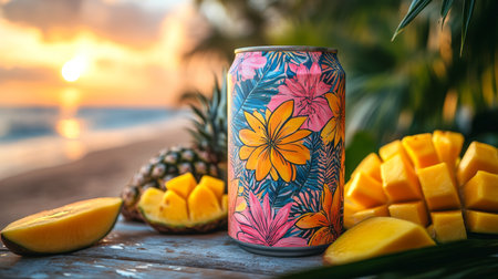 Colorful beverage can surrounded by tropical fruits on a beach during sunset near the ocean. Generative AIの素材
