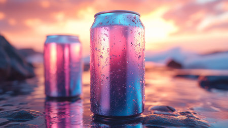 Colorful beverage cans reflect sunset hues near the shoreline after a relaxing day at the beach. Generative AIの素材