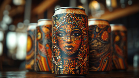Unique artistic beer cans featuring intricate designs inspired by cultural motifs in a cozy bar setting. Generative AIの素材