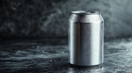 Sleek silver can with droplets of water on a dark surface during a quiet indoor moment. Generative AIの素材