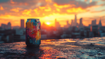 Colorful can sits on rooftop overlooking city skyline during vibrant sunset with scattered clouds. Generative AIの素材