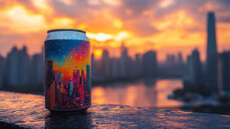 Colorful can against a vibrant sunset over a city skyline near a river. Generative AIの素材