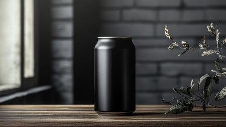 Black beverage can on a wooden table with plants beside it in a dimly lit room. Generative AIの素材