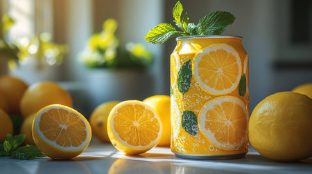 Refreshing lemon drink surrounded by fresh lemons and mint leaves in a bright kitchen setting. Generative AIの素材