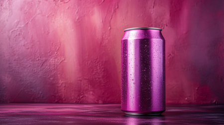 Vibrant pink beverage can placed against a textured pink background with droplets of water reflecting light. Generative AIの素材