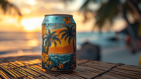 Tropical beverage can resting on bamboo table during sunset by beach with palm trees in background. Generative AIの素材