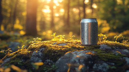 Sparkling can resting on mossy rock in a sunlit forest during early evening light. Generative AIの素材