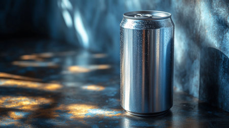 Stainless steel can with condensation on surface resting in sunlight on textured background. Generative AIの素材