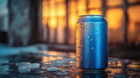 Refreshing soda can with condensation against a glowing sunset backdrop in an urban setting. Generative AIの素材