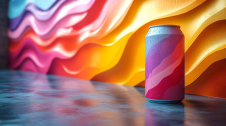 Colorful can against vibrant wave mural in an artistic urban setting capturing creativity and design elements. Generative AIの素材