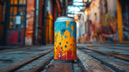 Colorful can of beverage amidst urban art in alleyway during late afternoon. Generative AIの素材