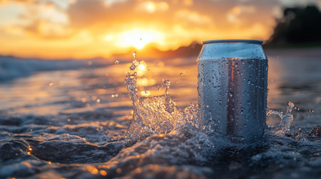 Can of beverage splashing in ocean water during sunset with vibrant colors on the horizon. Generative AIの素材