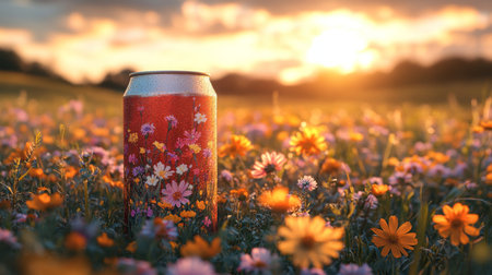 Colorful beverage can among vibrant wildflowers during sunset in an open field. Generative AIの素材