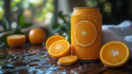 Bright and refreshing orange beverage can surrounded by fresh citrus fruits on a wooden table in a cozy environment. Generative AIの素材