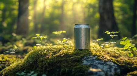 Sunshine filters through trees illuminating a silver can resting on moss in a peaceful forest setting. Generative AIの素材