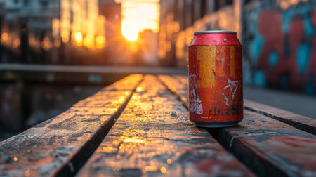 Sunset casts warm light on a dewy can resting on a wooden bench in an urban setting, emphasizing the days end. Generative AIの素材